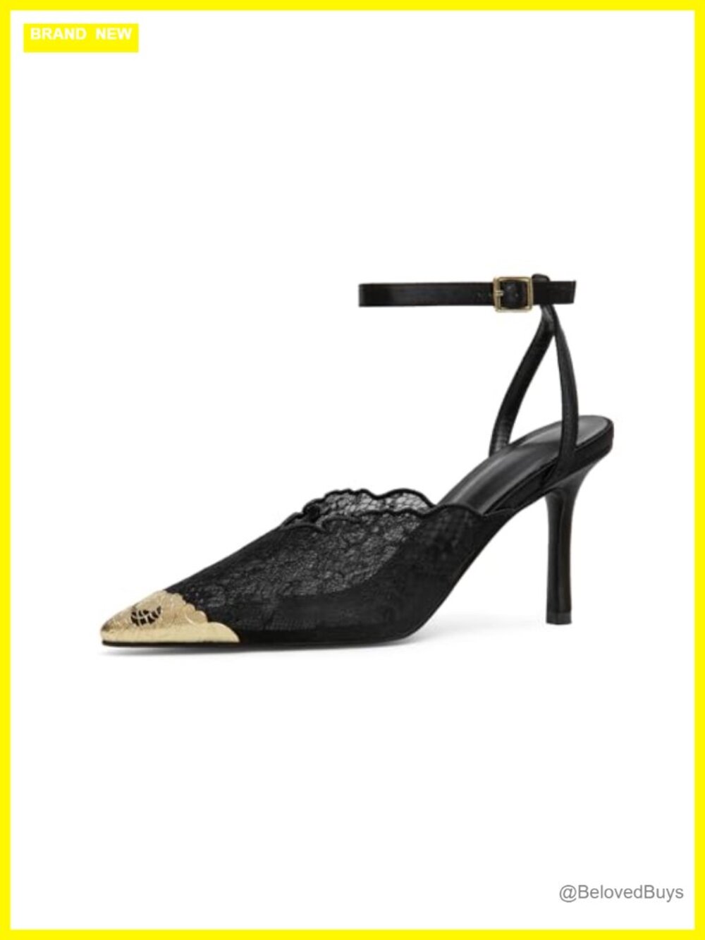 Lace Stiletto Pumps Gold Cap Toe Ankle Strap Heels